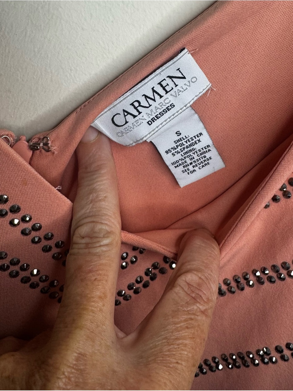 Carmen Marc Valvo Coral Studded V-Neck Midi Dress - Picture 2 of 5